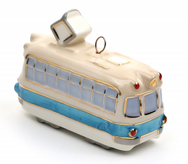 Елочная игрушка "Трамвай" с голубой полосой